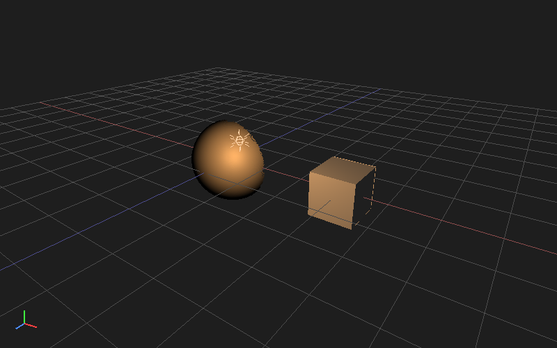 Triton 3D viewport with a point light in front of a sphere and a cube