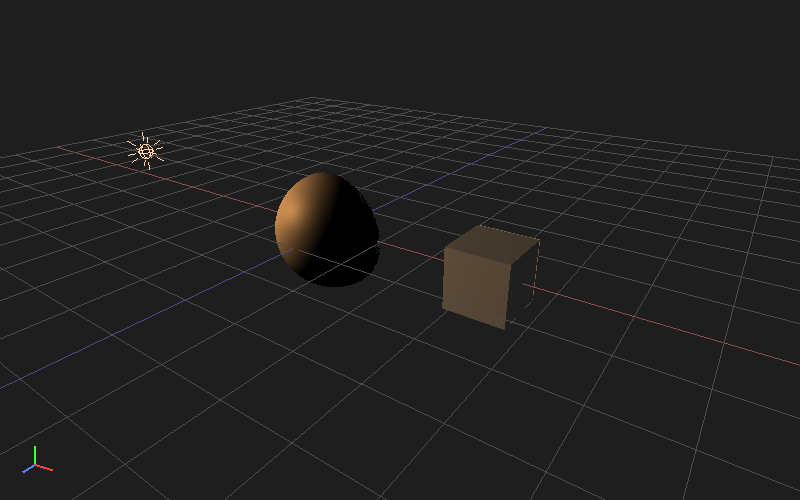 Triton 3D viewport: a point light relighting a sphere and a cube